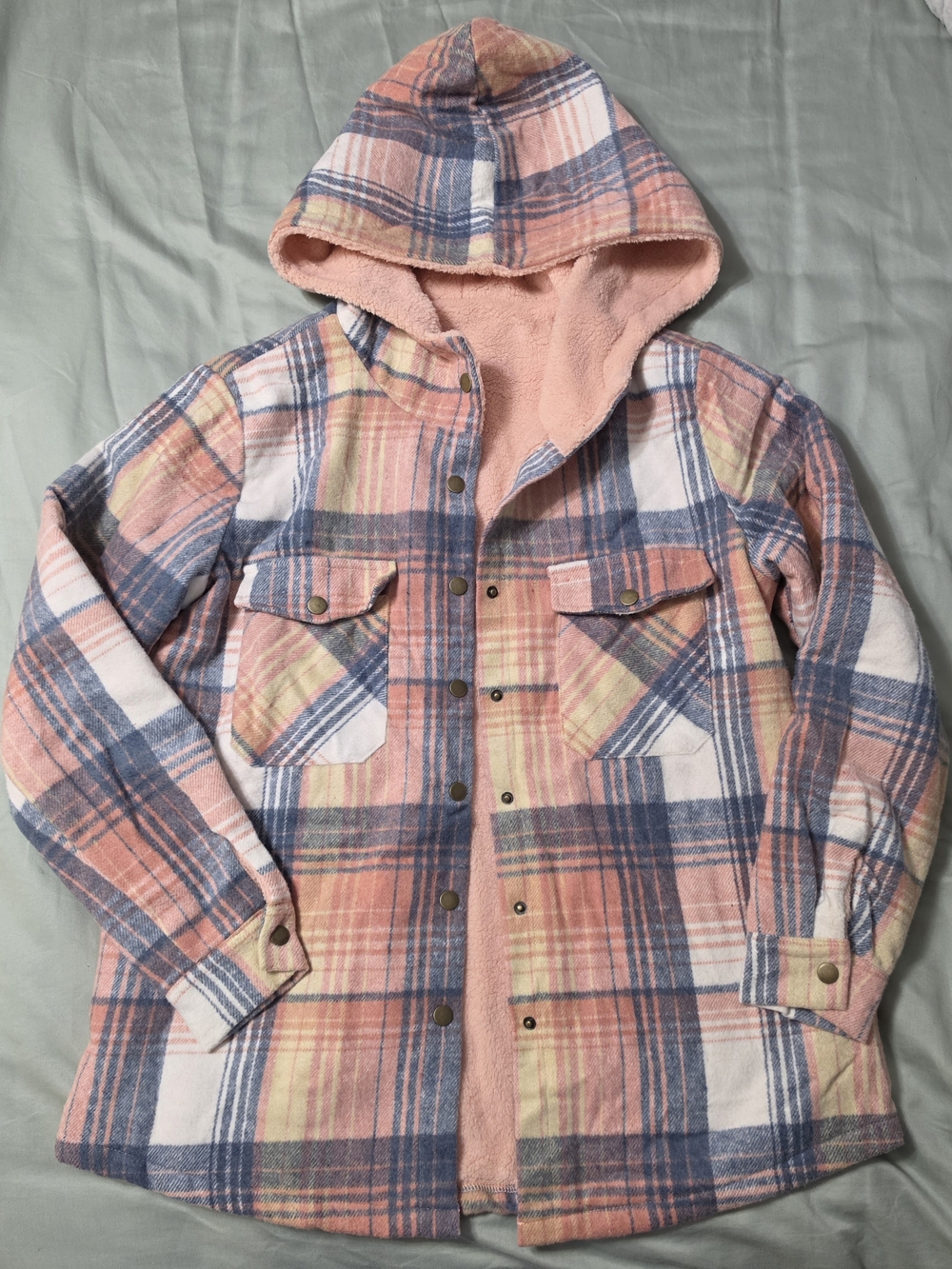 Cozy Plaid Fleece-Lined Hooded Shacket (Pink & Blue) – Size M